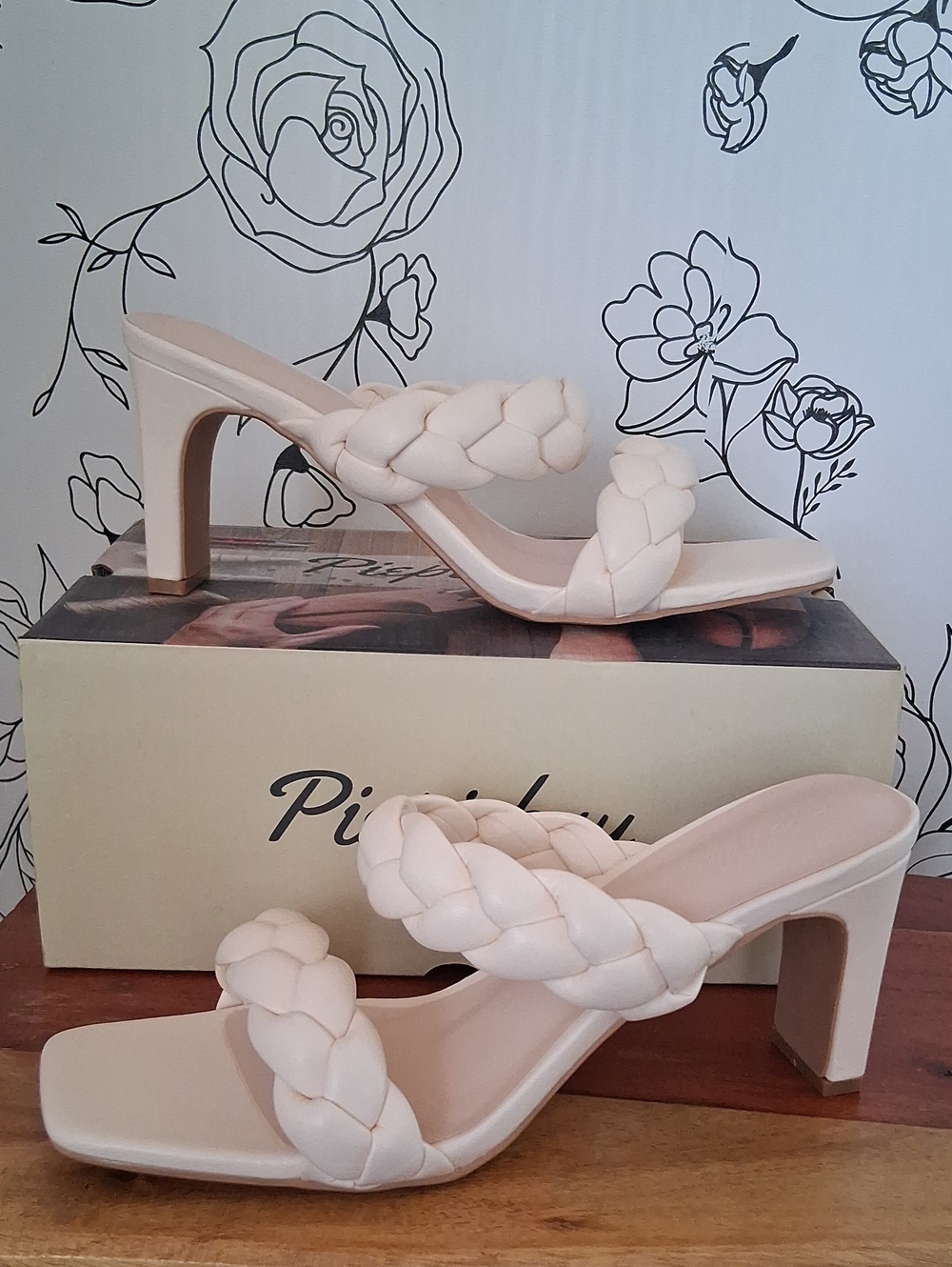 Piepiebuy Square Toe Braided Sandals Pumps Baige 9.5